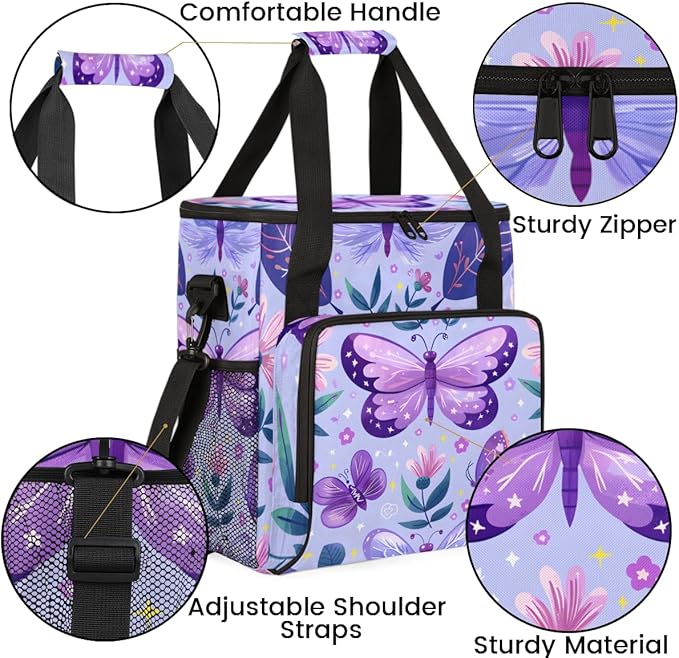 Purple Butterfly Travel Coffee Maker Carrying Bag Butterflies Rustic Floral Large Organizer Storage Tote Bag Insulated Reusable Cooler Lunch Bags