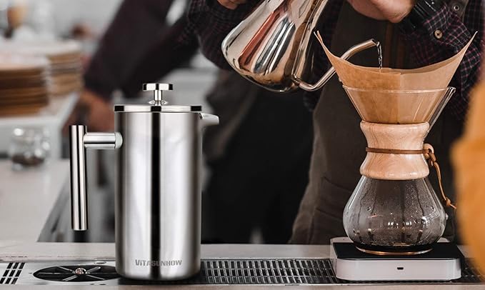 Insulated French Press Coffee Maker Stainless Steel Double-Wall Metal 3 Level Filtration System Rust-Free Dishwasher Safe