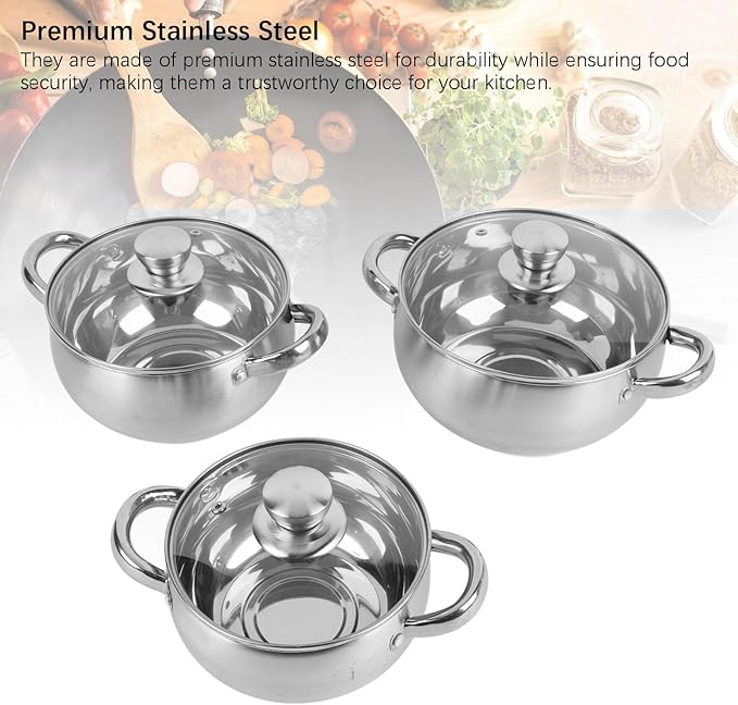 Stainless Steel Pots and Pans Set 3PCs Kitchen Cookware Sets with Anti Scald Handle Lids Non Stick Dishwasher Thick Bottom Compatible with All Stovetops for Kitchen