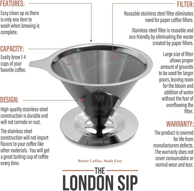 The London Sip Stainless Steel Coffee Dripper Pour Over Coffee Maker Coffee Slow Brewing Accessories for Home 1-4 Cup (Pack of 2)