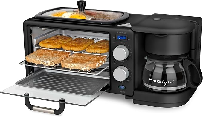 Nostalgia 3-in-1 Retro Breakfast Station - Includes 5 Cup Coffee Maker Non-Stick Ceramic Griddle and 4-Slice Toaster Oven - Built-In Timer Reusable Coffee Filter Space-Saving Design - Black