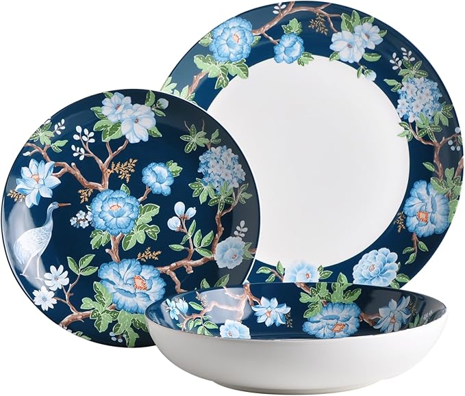 222 Fifth 12-Piece Porcelain Dinnerware Set for 4 Luxury White &amp Bohemian Blue Plates and Bowls Set Glossy Ceramic Dish Set with Detailed Floral Microwave &amp Dishwasher Safe Dishes Nighting