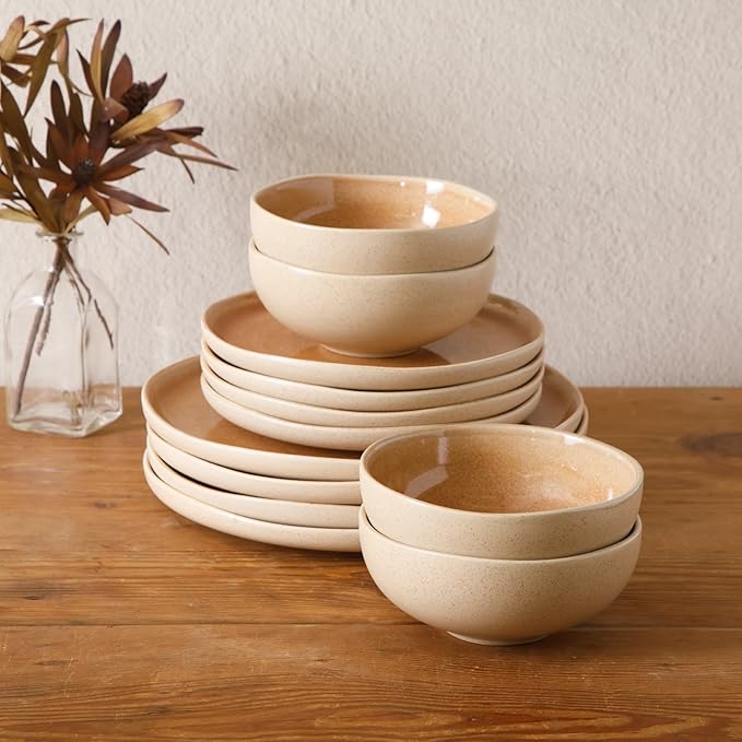 Gibson Elite Manila Bay 12-Piece Stoneware Dinnerware Set Service for 4 Reactive Glaze Modern Artisan Plates Bowls &amp Mugs Orange Round Design