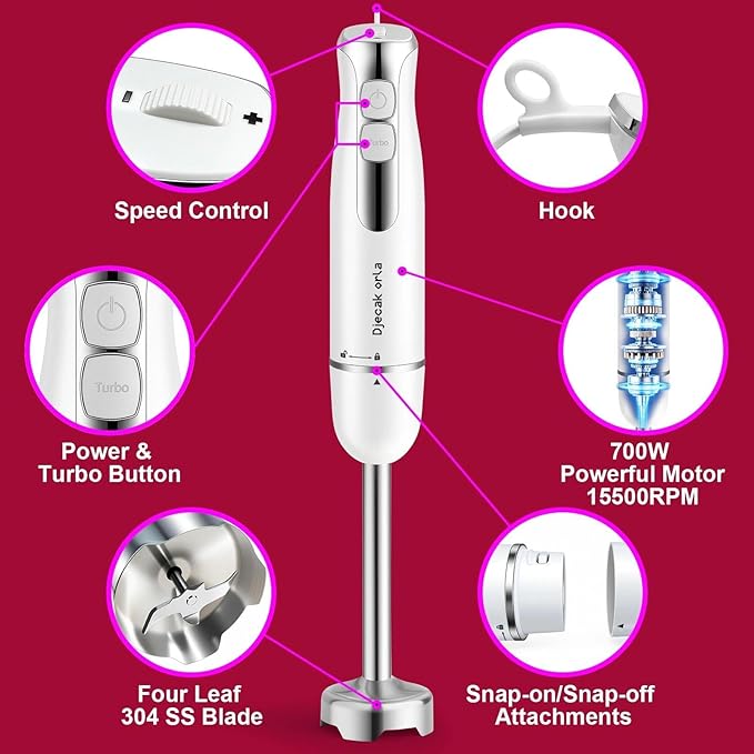 700W Upgraded Blender with 20-Speed Settings Food Processor Emulsion Blender Handheld Milk Frother Handheld Batidora De Mano Electrica for Kitchen Appliances White