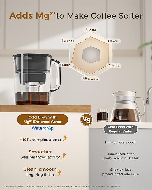 Waterdrop Cold Brew Coffee Maker with 1 Magnesium Water Filter for Well-Balanced Acidity Unlocks Aroma BPA-Free Cold Brew Pitcher Stainless Steel Filter for Iced Coffee Tea Lemonade Black