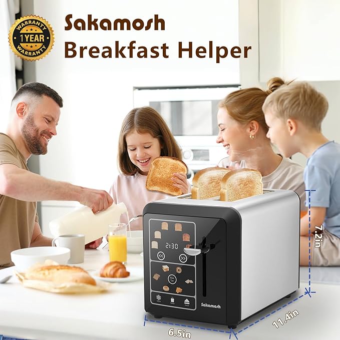 2 Slice Touch Screen Toaster 1.3 Wide Slots Smart Digital Display Toaster with 6 Browning Levels &amp 6 Bread Types Memory Defrost Reheat Stainless Steel 800W