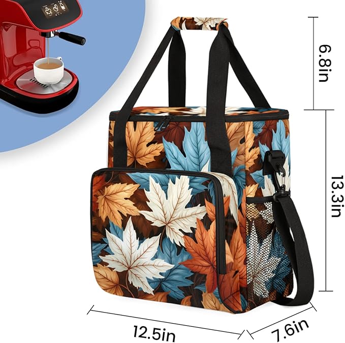 Falling Maple Leaves Coffee Maker Travel Bag for Keurig K-Mini/K-Mini Plus Insulated Waterproof Tote with Pockets for K-Cup Portable Single-Serve Brewer Case