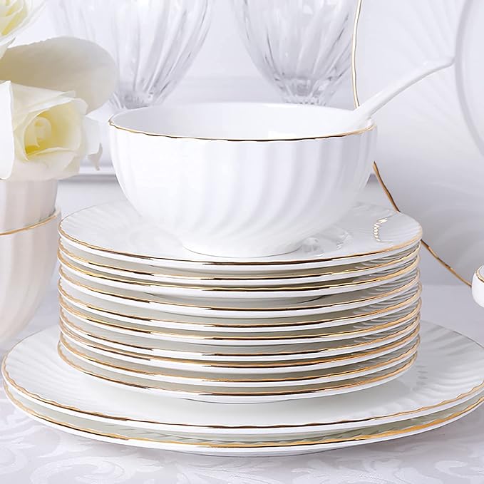 56 Pieces Dinnerware Set White Porcelain Kitchen Fine Bone China Dinner Set with Cereal Bowls Dinner Plate Dessert Plate Deep Soup Plates Fish Plate Dishes Soup Pot