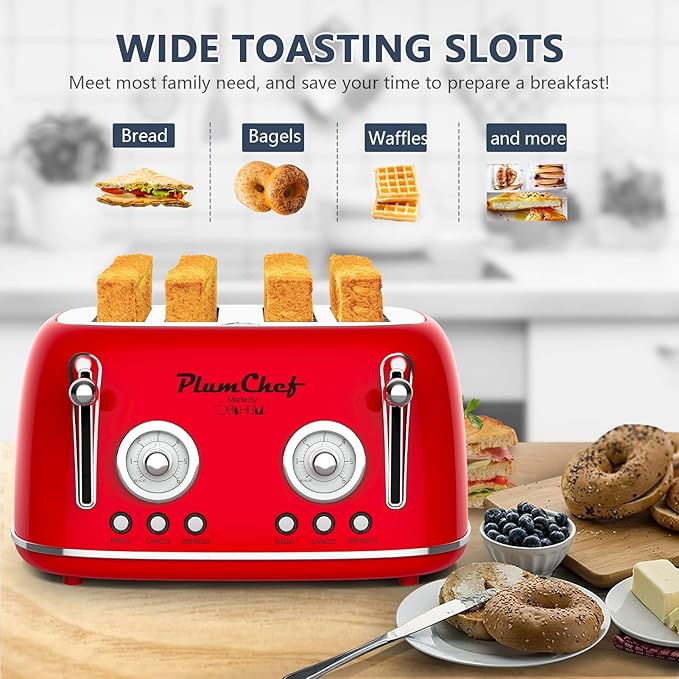 4 Slice Retro Style Toaster Dual Control Toaster 6 Browning Settings Bagel/Defrost Functions Removable Crumb Tray Stainless Steel Housing 1650W Red