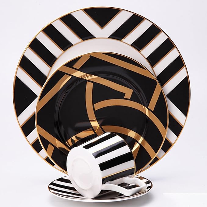 European Style Dinnerware Set Service for 6 Bone China Dinnerware Sets Unbreakable Porcelain Dinner Sets Coffee Cup and Saucer Tableware Set Steak Dinner Plates Dish Set Black stroke gold-2