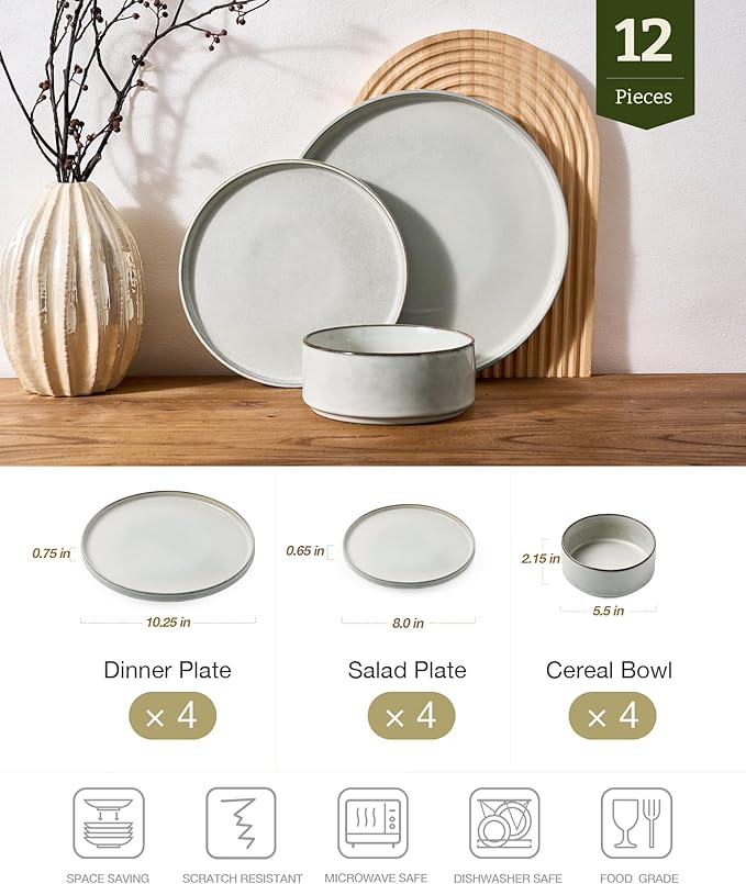 Famiware Annecy Plates and Bowls Sets 12 Pieces Dinnerware Sets Microwave and Dishwasher Safe Dishes Set for 4 Chip and Scratch Resistant Grey-White