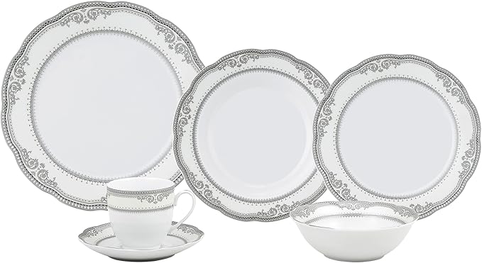 Lorren Home Trends Victoria-24 24 Piece Victoria Design Porcelain Wavy Edge Dinnerware Set White