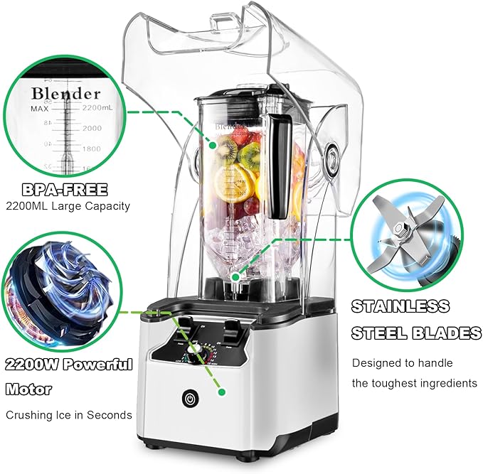 Commercial Blender for Smoothies With Quiet Shield 2.5HP Motor Stainless Steel Blade 80oz Pitcher for Shakes Smoothies Ice Crushing Frozen Drinks 15 Speeds Self-Cleaning White