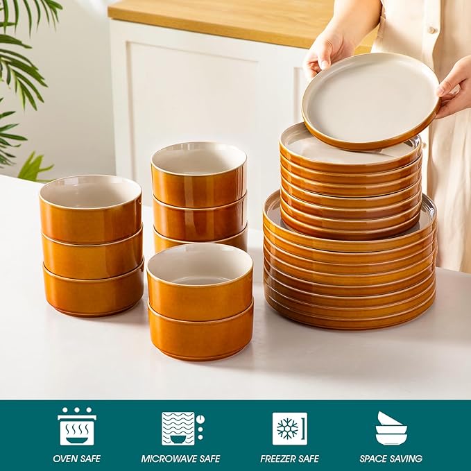 vancasso ONION Ceramic Plates and Bowls Sets 24 Pieces Grey Dinnerware Sets for Kitchen Reactive Glaze Dishes Set for 8 Dishwasher and Microwave Safe