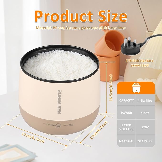 1.6 L Small Electric Rice Cooker Mini Rice Cooker 450 W 220 V Nonslip Rice Maker 36 Minutes Fast Cooking Rice Cooker and Warmer Over Heating Boil Dry Protection for Cooking Rice Porridge