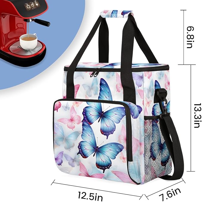 Colorful Butterfly Coffee Maker Carrying Bag Abstract Butterfly Travel Storage Bag Compatible with K-Mini or K-Mini Plus Single Serve Coffee Brewer Carrying Case with Pockets &amp Shoulder Strap