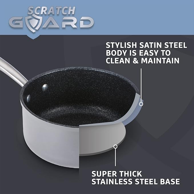 Prestige Scratch Guard Non Stick Milk Pan with Pouring Lip 14cm - Stainless Steel Milk Pan Scratch Resistant Suitable for All Hobs Oven &amp Dishwasher Safe Durable Cookware