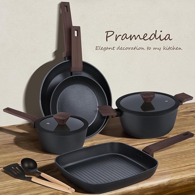 9Pcs Pots and Pans Set NonstickInduction Cookware Set Kitchen Cooking SetsHealthy Non-Toxic Pots and Pan setNon Stick with Grill Pan&amp Stay-Cool Handles (PFOS PFOA Free)Black