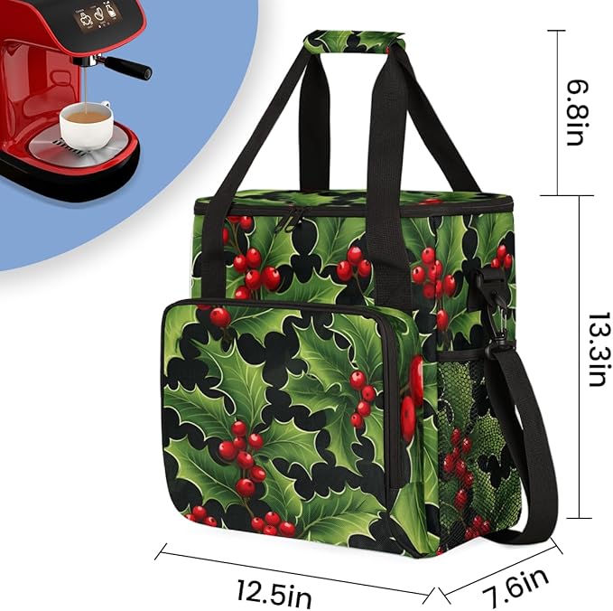 Holly Berry Flowers Coffee Maker Carrying Bag Fantastic Flowers Travel Storage Bag Compatible with K-Mini or K-Mini Plus Single Serve Coffee Brewer Carrying Case with Pockets &amp Shoulder Strap