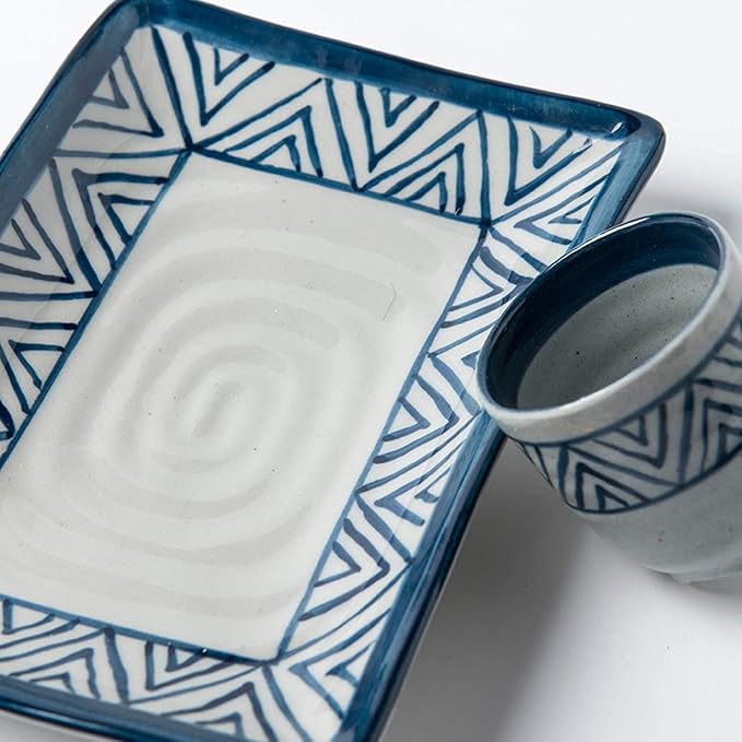 Stylish Dinner PlatesPorcelain Dinnerware Sets 28 Pieces Ceramics Dinner Combination Set | Hand Painted Blue and White Lines Cereals Bowls and Steak Plates Sets