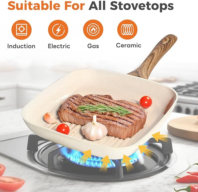 NEWBULIG Nonstick Grill Pan Set – 3 Pieces Square Griddle Pans with Wooden Handle Compatible with All Stovetops Perfect for Steak BBQ Vegetables (9.5 10.2 11) Beige