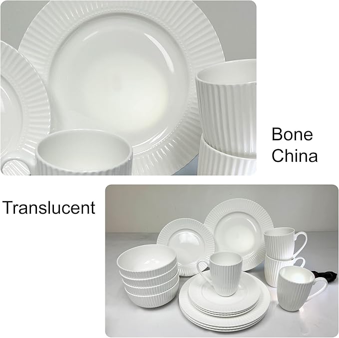 Dinnerware 16 Piece Set Bone China Service for 4 White Embossed stripe Dishes Microwave Safe Chip Resistant Dishware For Formal Casual and Everyday Living Plates and Bowls Set
