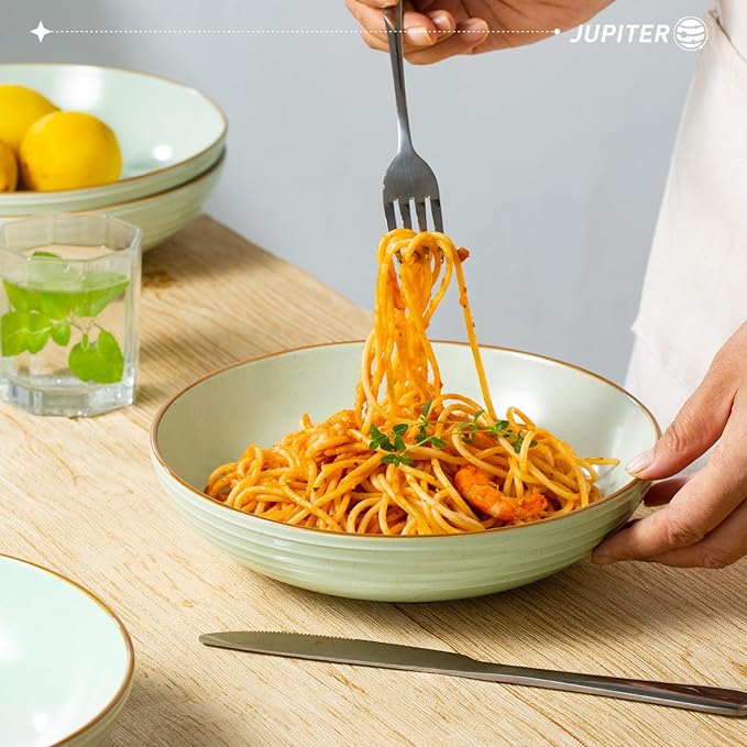 Famiware Jupiter Plates and Bowls Set for 4 16 Pieces Dinnerware Sets 8.5 Pasta Bowls for Serving Light Green