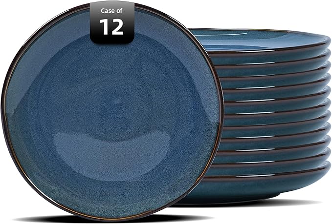 Organic Shape Highland Ceramic Salad plate 12pcs 8 Inch Handmade Reactive Glaze Stoneware Plates with Wavy Edge for Kitchen Microwave &amp Dishwasher Safe Scratch Resistant-Blue