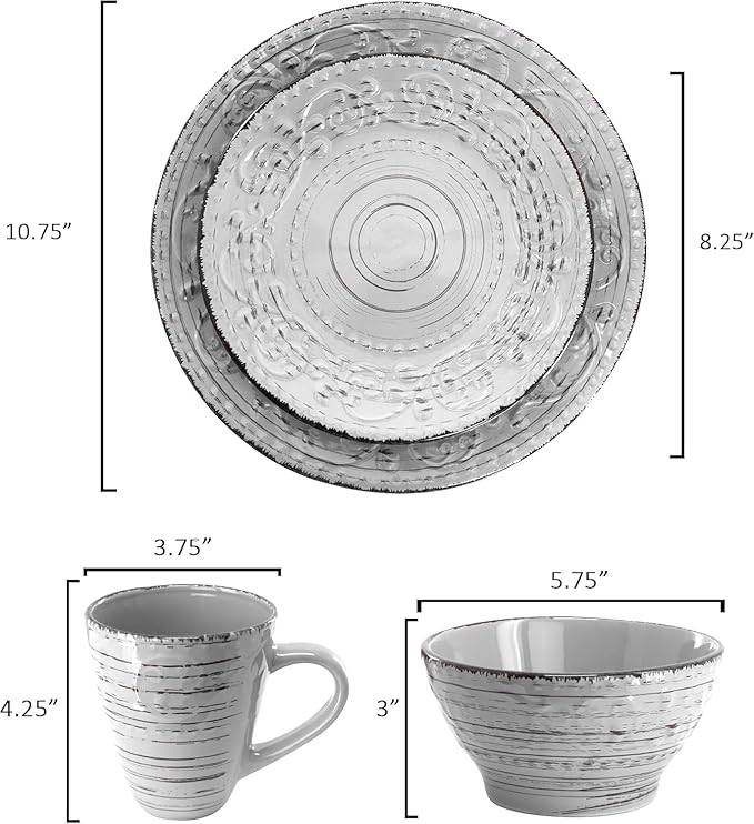 16-Piece Stoneware Dinnerware Set – Ocean Bloom Sea Glass Mica Calcite Jasper &amp Deep Ocean – Microwave Safe Dishwasher Safe Service for 4 with Reactive Glaze Finish (Light Gray)