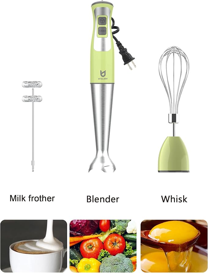 Immersion Hand Blender UTALENT 3-in-1 8-Speed Stick Blender with Milk Frother Egg Whisk for Coffee Milk Foam Puree Baby Food Smoothies Sauces and Soups - Green