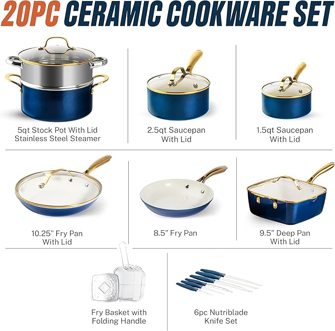 Gotham Steel 20pcs Pots and Pans Set Non Stick Ceramic Cookware Set with Deep Frying Pan Set &amp 6pc Knife Set Improved Ti-Cerama Coating Made without PFOA PFOS Lasts 2x Longer Oven &amp Dishwash