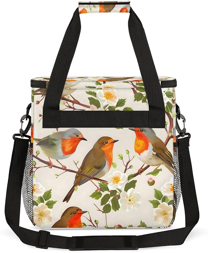 Floral Bird Coffee Maker Carring Bag Large Insulated Storage Organizer Case Tote Bags with Shoulder Strap for Travel Work Picnic