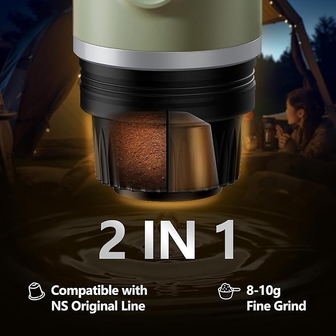 Portable Electric Espresso Machine Self-Heating Travel Coffee Maker with USB-C Compatible with Ground Coffee &amp NS Capsules Ideal for Camping Car RV Hiking &amp Office (Army Green)