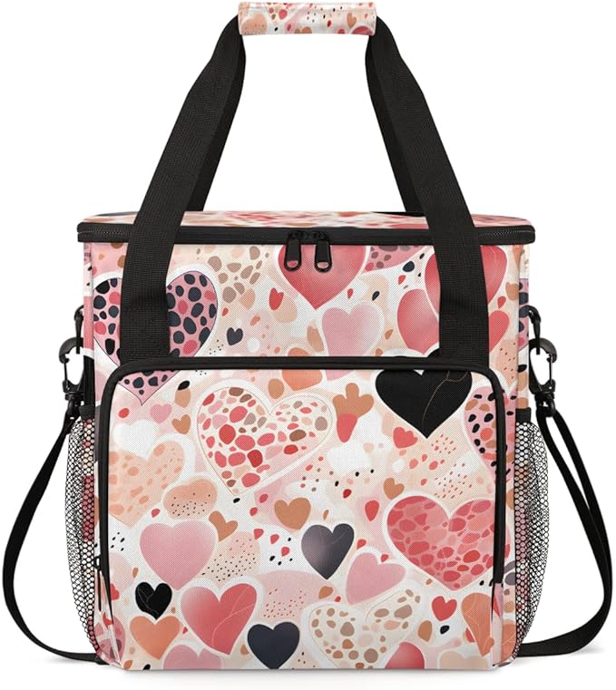 Pink Black Heart Coffee Maker Carrying Bag Portable Travel Storage Tote Bag Compatible with K-Mini or K-Mini Plus Single Serve Coffee Brewer Carrying Case with Multiple Pockets &amp Shoulder Strap