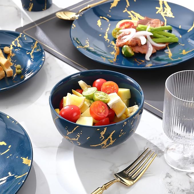 Modern Porcelain 16 Piece Blue Dinnerware SetPlates and Bowls SetsGold Dish Set for 4Blue Dinnerware SetDinner Sets with Dinner Plates.