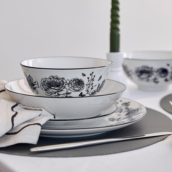 Stone Lain Esme 16-Piece Dinnerware Set Porcelain Plates and Bowls Set Dish Set for 4 Cereal and Pasta Bowls Microwave and Dishwasher Safe Black