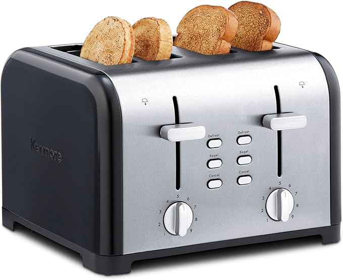 Kenmore 4 Slice Black Toaster Stainless Steel Extra Wide Slots Adjustable Browning Bagel and Defrost Settings Removable Crumb Tray Best Prime Toaster for Bread Bagel Waffles and more