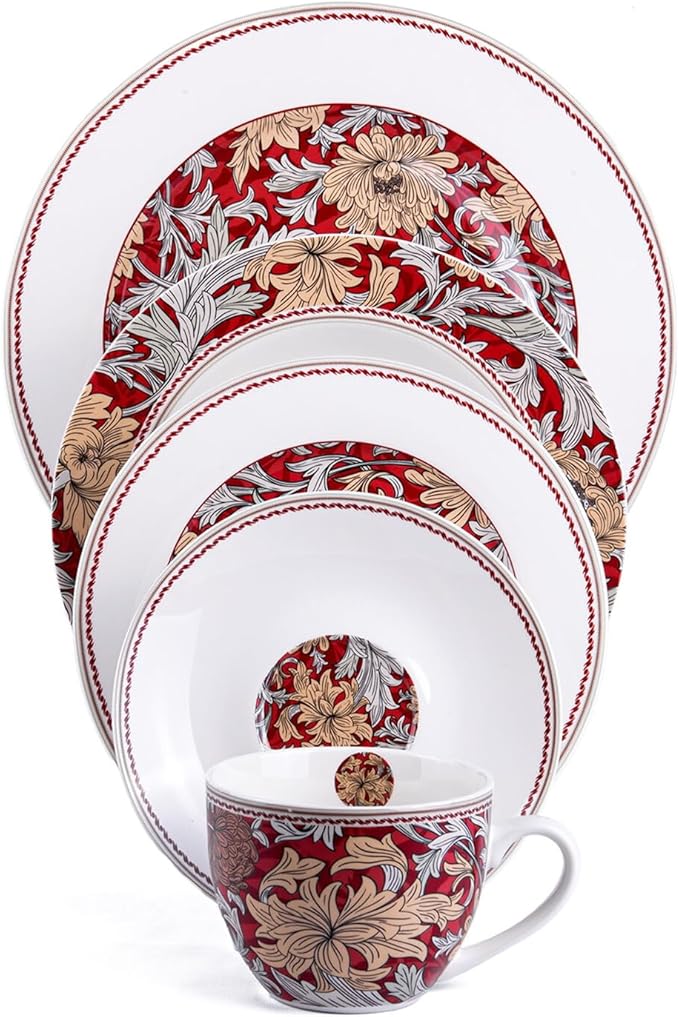 STPGoods 20-Piece Dinnerware Set - Porcelain Plates and Bowls Set with Mugs Dessert Salad Dinner Plates and Bowls Sets William Morris Floral Design Dishes Set - Service for 4