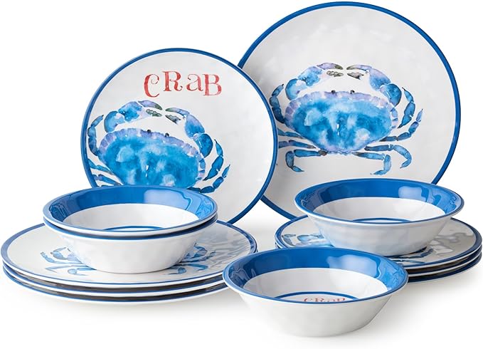 Beach House Crab 12-Piece Melamine Dinnerware Set – Vibrant Coastal Charm Service for 4 Blue &amp White Nautical Design Durable Shatterproof Lightweight and Dishwasher-Safe