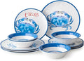 Beach House Crab 12-Piece Melamine Dinnerware Set – Vibrant Coastal Charm Service for 4 Blue &amp White Nautical Design Durable Shatterproof Lightweight and Dishwasher-Safe