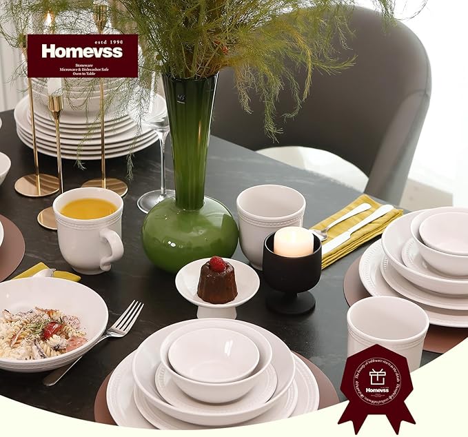 Pearl Dots Stoneware Dinnerware Set (56pc Set White)