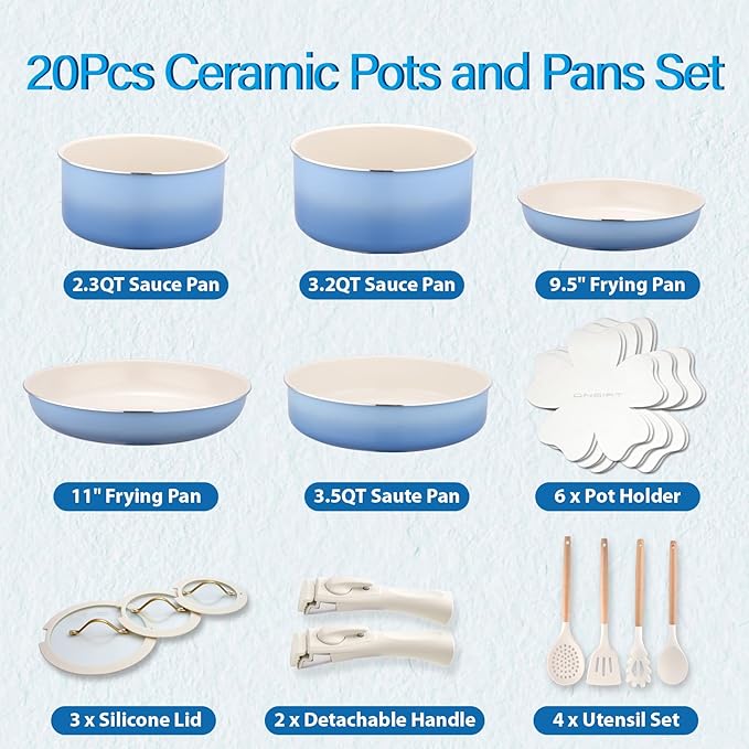 20pcs Ceramic Cookware Set Nonstick Detachable Handle Pots and Pans Set Non ToxicNo PFAS &amp PTFE &amp PFOA Dishwasher/Oven Safe RV Kitchen Set Removable Handle for Cooking Blue
