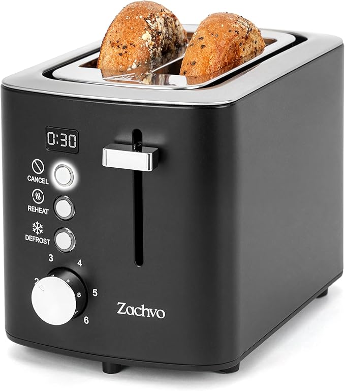 2 Slice Toaster with Wide Slots for Bread &amp Bagels Stainless Steel Toaster with Digital Countdown 6 Shade Settings Defrost Reheat &amp Cancel Compact Design for Kitchen Black