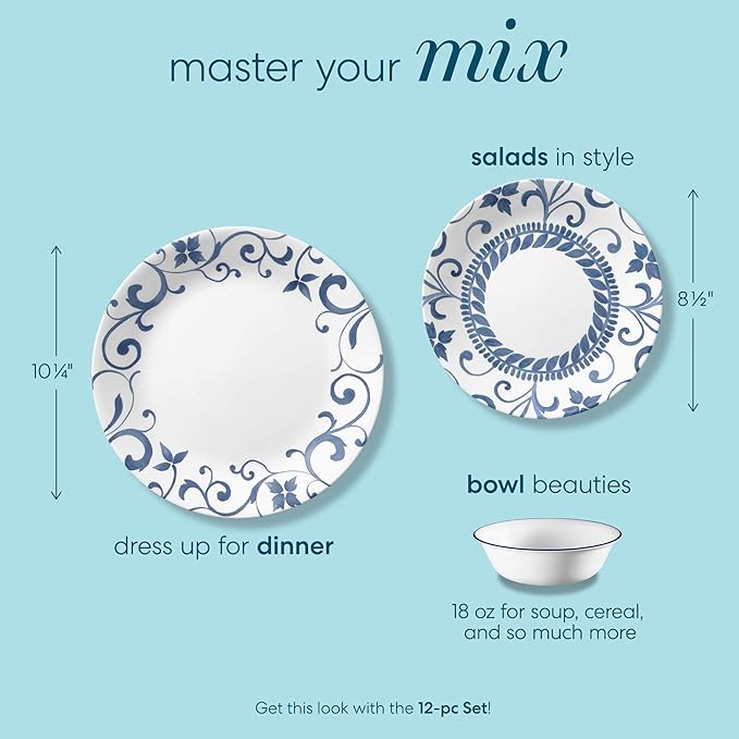 Corelle 12-Piece Dinnerware Set Service for 4 Chip Resistant Glass Artemis Vitrelle
