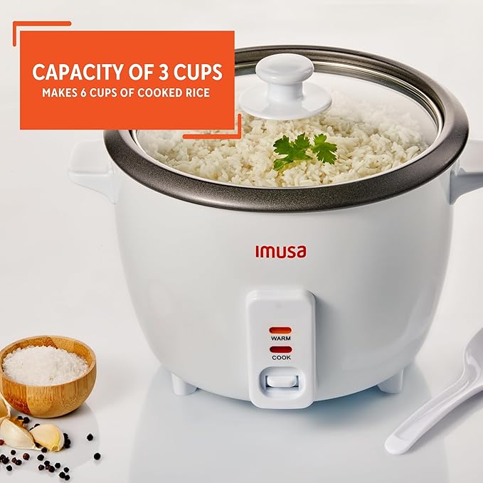 IMUSA USA GAU-00011 Electric Nonstick Rice Cooker 3-Cup (Uncooked) 6-Cup (Cooked) White