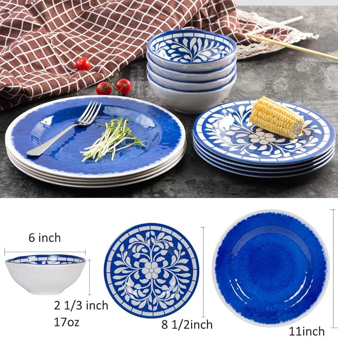 Melamine Dinnerware Set - 12 Pcs Dinner Dishes Set for 4 Plates and Bowls Set for Indoor &amp Outdoor Use- Dishwasher Safe Unbreakable Blue
