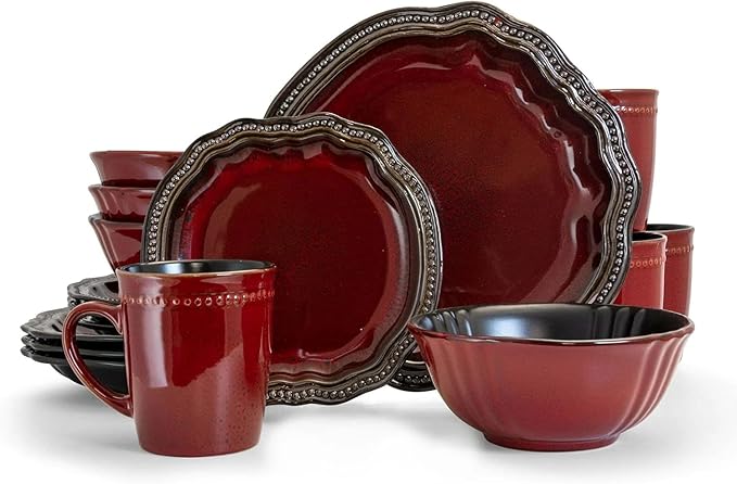 Regal 16 Piece Stoneware Dinnerware Set - Vibrant Red with Gold Accents Service for 4 Dishwasher &amp Microwave Safe Contemporary Design