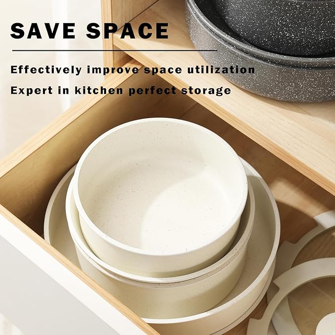 Gray Non Stick Pot and Pan Set with Removable Handle Ceramic Cookware Set Detachable Handle 5pcs Induction Kitchen Camping Stackable Pots Pans Dishwasher/Oven Safe PTFE/PFAS/PFOA Free