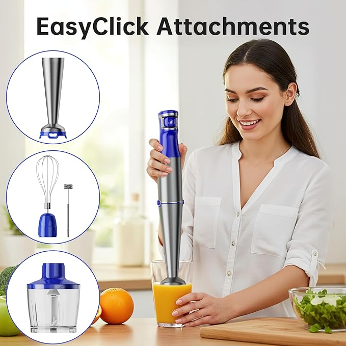 Immersion Blender Handheld Corded Hand Blenders Set 1100W Trigger Variable Speed 5 in 1 Stick Emulsifier with Chopper Whisk and Frother for Soup Baby Food and Smoothies Royal Blue