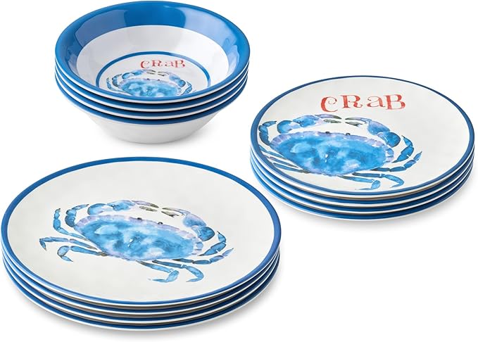 Beach House Crab 12-Piece Melamine Dinnerware Set – Vibrant Coastal Charm Service for 4 Blue &amp White Nautical Design Durable Shatterproof Lightweight and Dishwasher-Safe